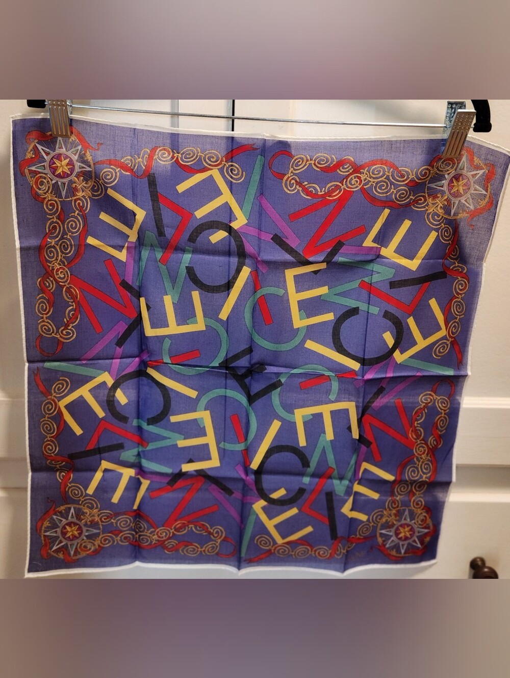 Vintage Celine Alphabet Compass Cotton Pocket Square 18” With COA